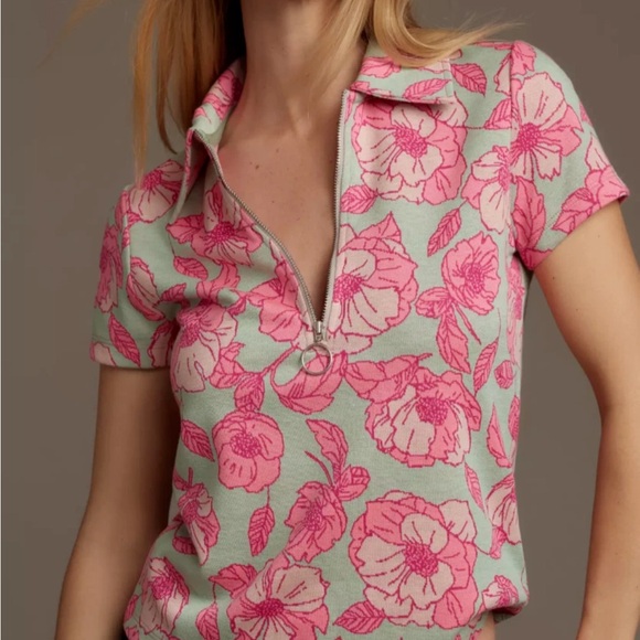 Anthropologie Maeve Pink & Mint Green Floral Short Sleeve Polo - XL - Picture 1 of 7